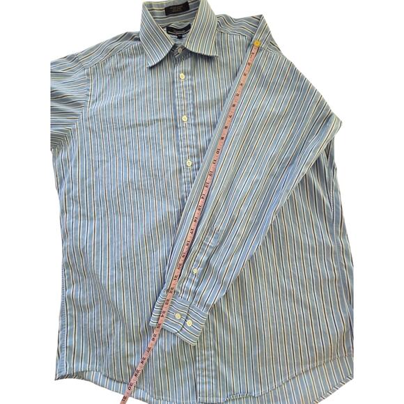 Faconnable Dress Shirt 4/16 L Blue Brown Stripe 100% Cotton Made in USA Luxury - Picture 6 of 7